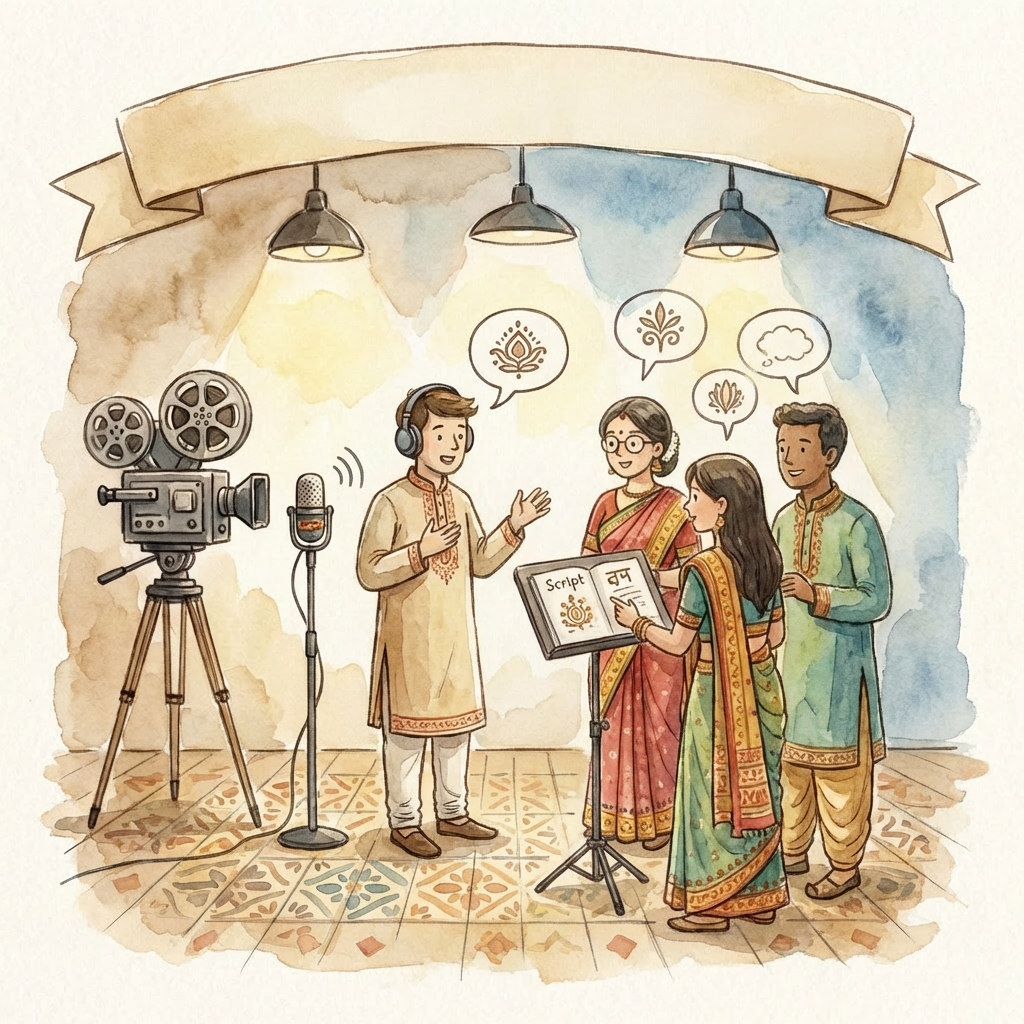 Cine Voice Training Workshop illustration featuring people practicing vocal skills with a microphone and script.