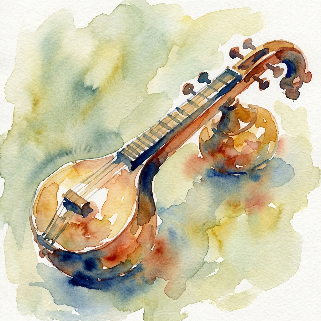 Watercolor painting of a traditional Indian sitar against a textured, multicolored wash background.