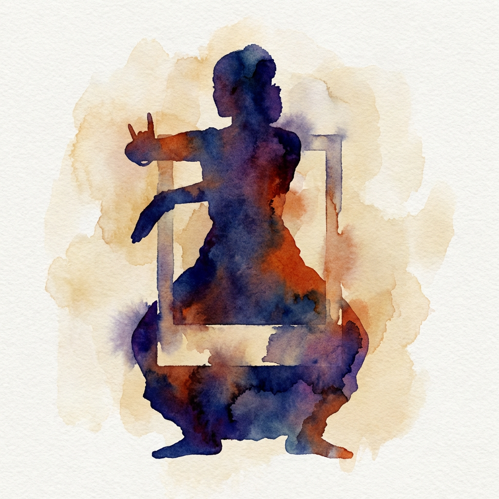 Watercolor silhouette of a classical Indian dancer in a traditional pose against a frame.