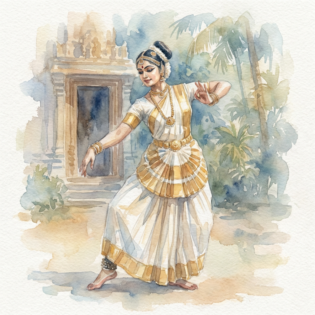 Watercolor painting of a Mohiniyattam dancer in a white and gold saree.