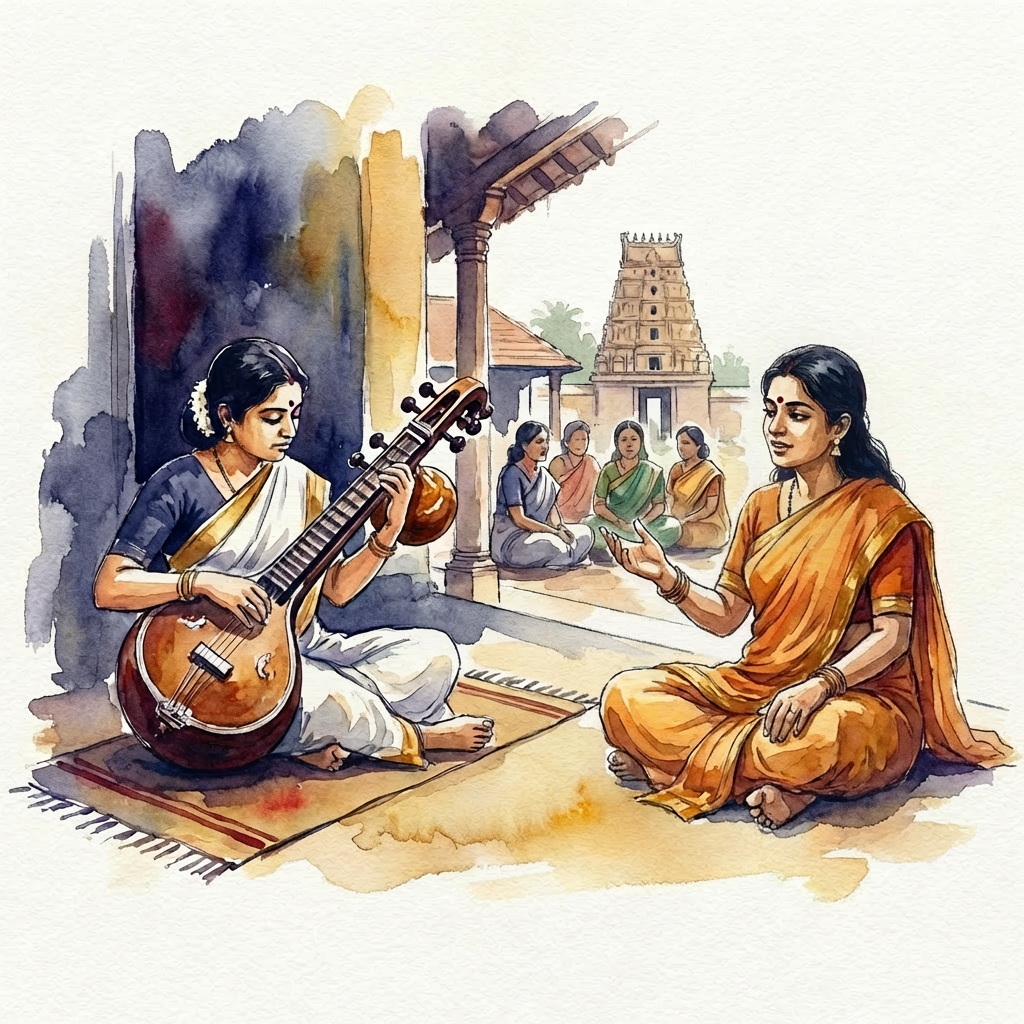 Watercolor illustration of a woman playing a veena and a woman singing near a temple.