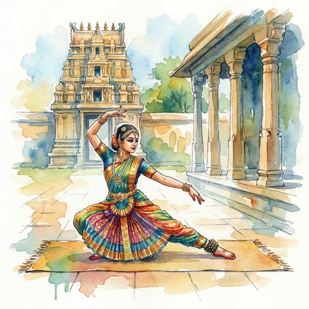 Elderly woman teaching classical Indian dance mudras to a young girl in a temple.